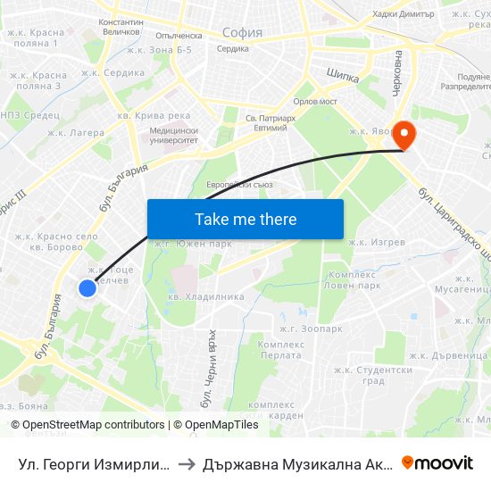 Ул. Георги Измирлиев / Georgi Izmirliev St. (6276) to Държавна Музикална Академия - Инструментален Факултет map