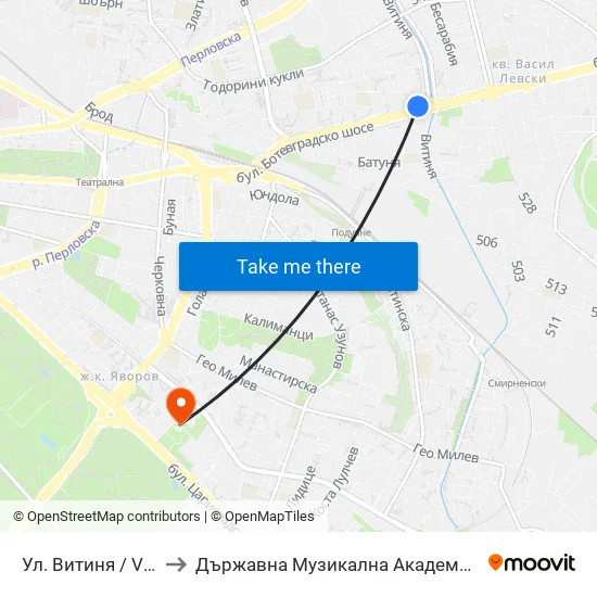 Ул. Витиня / Vitinya St. (1874) to Държавна Музикална Академия - Инструментален Факултет map