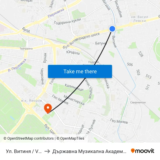 Ул. Витиня / Vitinya St. (1872) to Държавна Музикална Академия - Инструментален Факултет map