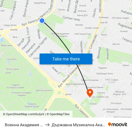 Военна Академия / Military Academy (0440) to Държавна Музикална Академия - Инструментален Факултет map