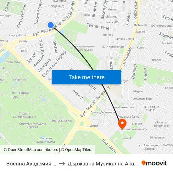 Военна Академия / Military Academy (0441) to Държавна Музикална Академия - Инструментален Факултет map