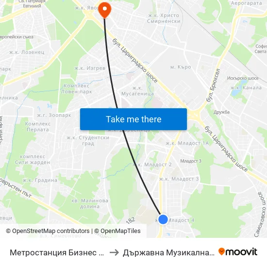 Ⓜ️ Метростанция Бизнес Парк / Business Park Metro Station (2374) to Държавна Музикална Академия - Инструментален Факултет map