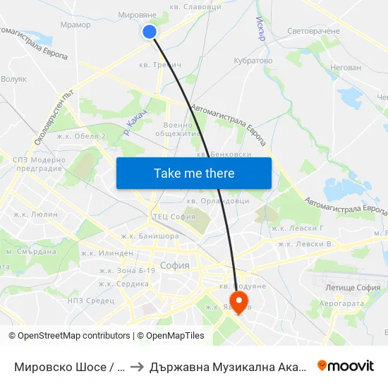 👋 Мировско Шосе / Mirovsko Shosse (2629) to Държавна Музикална Академия - Инструментален Факултет map