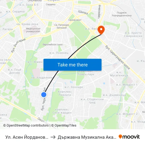 Ул. Асен Йорданов / Asen Yordanov St. (0783) to Държавна Музикална Академия - Инструментален Факултет map