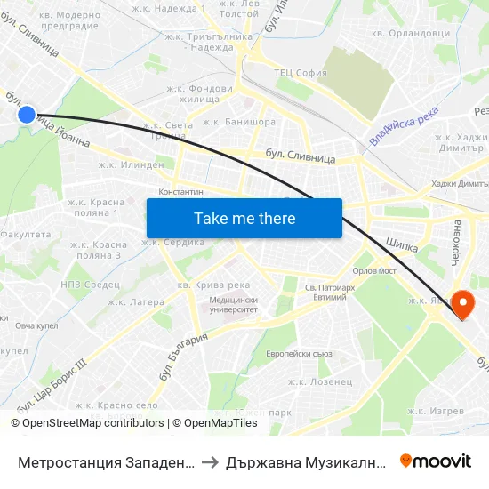 Метростанция Западен Парк / Zapaden Park Metro Station (1048) to Държавна Музикална Академия - Инструментален Факултет map