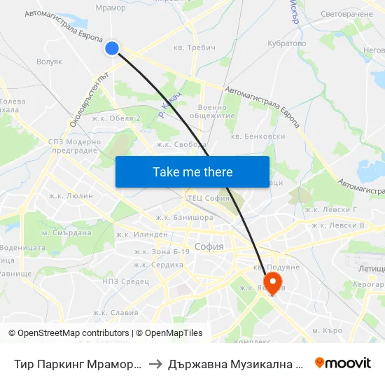 Тир Паркинг Мрамор / Tir Parking Mramor Village (2691) to Държавна Музикална Академия - Инструментален Факултет map