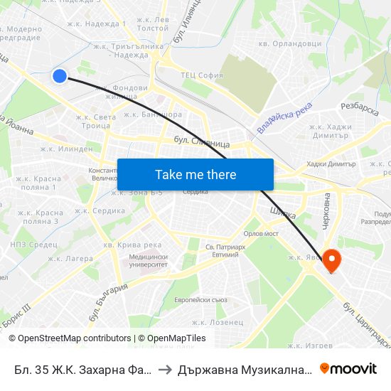 Бл. 35 Ж.К. Захарна Фабрика / Bl. 35, Zaharna Fabrika Qr. (0196) to Държавна Музикална Академия - Инструментален Факултет map