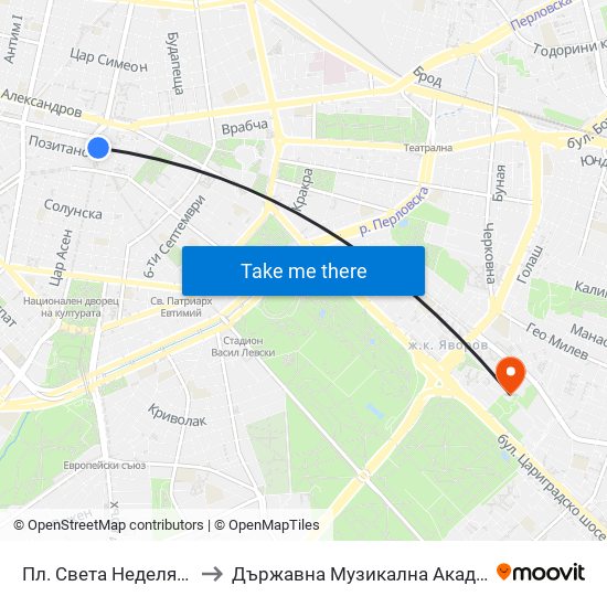 Пл. Света Неделя / St. Nedelya Sq. (1307) to Държавна Музикална Академия - Инструментален Факултет map