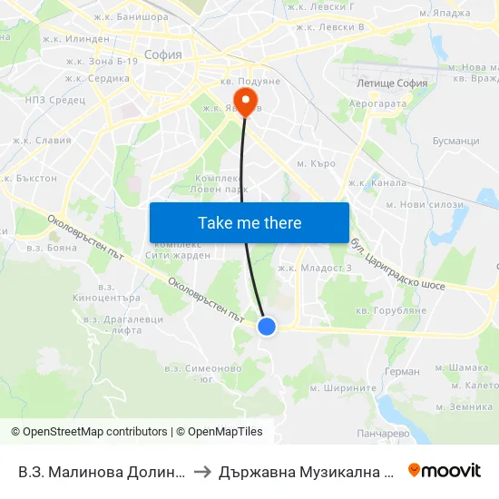 В.З. Малинова Долина / Malinova Dolina Villa Zone (1374) to Държавна Музикална Академия - Инструментален Факултет map