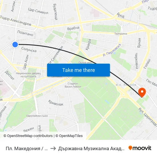 Пл. Македония / Macedonia Sq. (1282) to Държавна Музикална Академия - Инструментален Факултет map