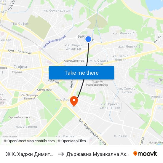 Ж.К. Хаджи Димитър / Hadzhi Dimitar Qr. (0691) to Държавна Музикална Академия - Инструментален Факултет map