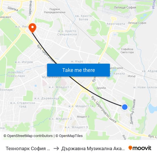 Технопарк София / Sofia Technopark (0189) to Държавна Музикална Академия - Инструментален Факултет map