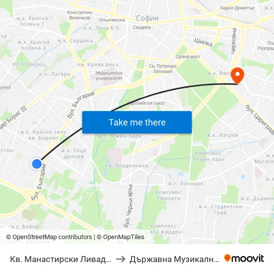 Кв. Манастирски Ливади - Запад / Manastirski Livadi - West Qr. (0581) to Държавна Музикална Академия - Инструментален Факултет map