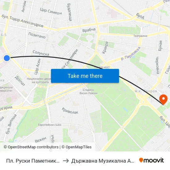 Пл. Руски Паметник / Russian Monument Sq. (1299) to Държавна Музикална Академия - Инструментален Факултет map