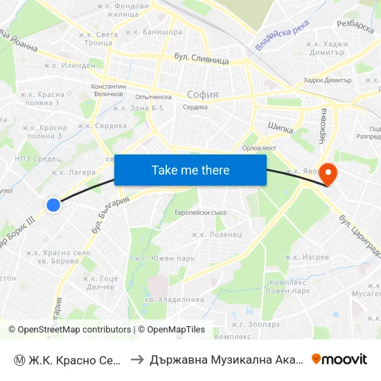 Ⓜ️ Ж.К. Красно Село / Krasno Selo Qr. (0639) to Държавна Музикална Академия - Инструментален Факултет map