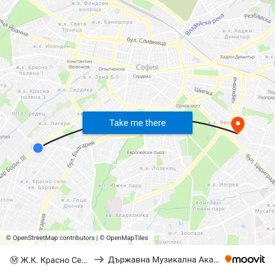 Ⓜ️ Ж.К. Красно Село / Krasno Selo Qr. (0640) to Държавна Музикална Академия - Инструментален Факултет map