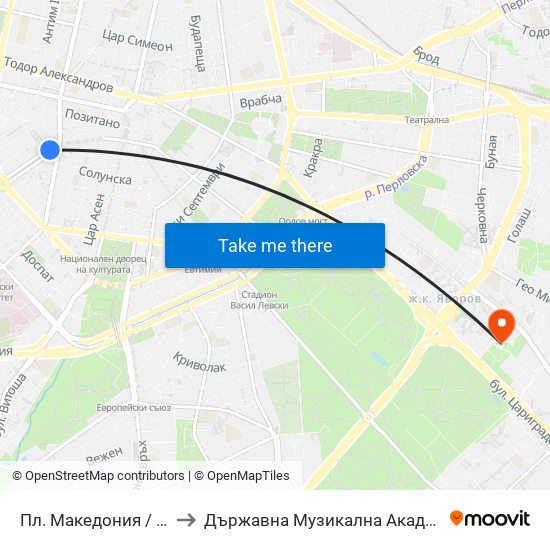 Пл. Македония / Macedonia Sq. (1280) to Държавна Музикална Академия - Инструментален Факултет map