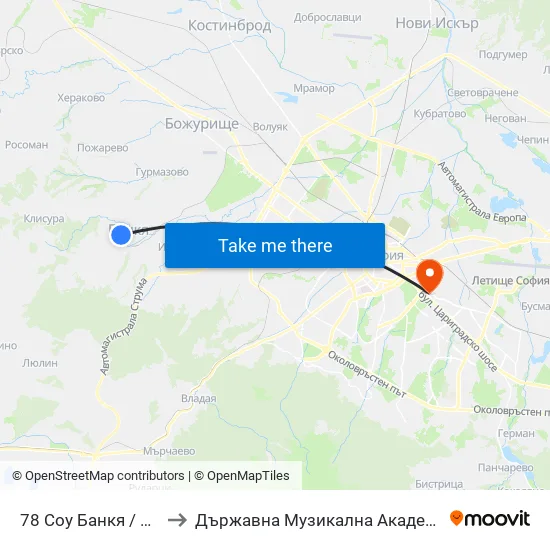 78 Соу Банкя / 78-Th School (2524) to Държавна Музикална Академия - Инструментален Факултет map
