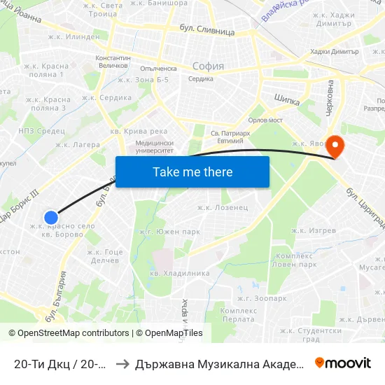 20-Ти Дкц / 20-Th Polyclinic (0016) to Държавна Музикална Академия - Инструментален Факултет map