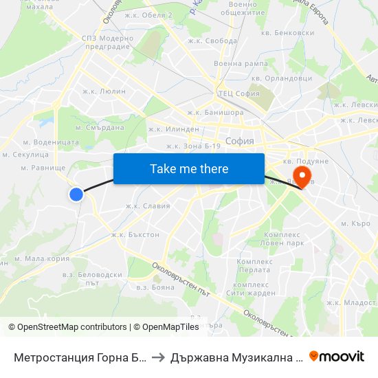 Метростанция Горна Баня / Gorna Banya Metro Station (2846) to Държавна Музикална Академия - Инструментален Факултет map