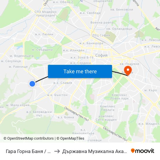 Гара Горна Баня / Gorna Banya Train Station to Държавна Музикална Академия - Инструментален Факултет map