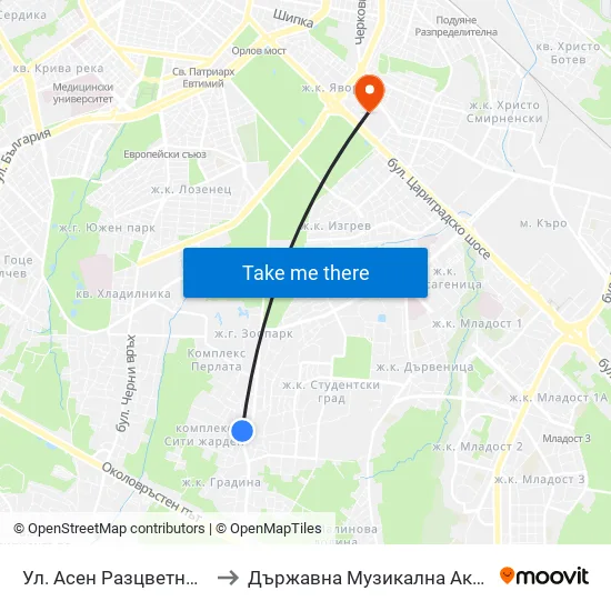 Ул. Асен Разцветников / Asen Raztsvetnikov St. to Държавна Музикална Академия - Инструментален Факултет map