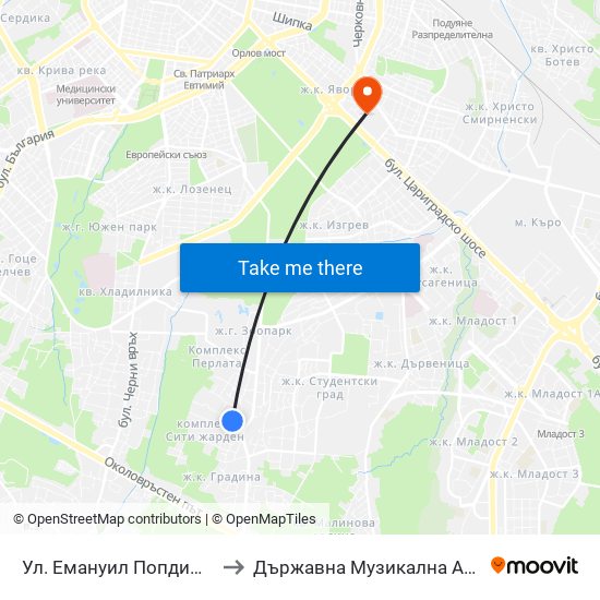 Ул. Емануил Попдимитров / Emanuil Popdimitrov St. to Държавна Музикална Академия - Инструментален Факултет map