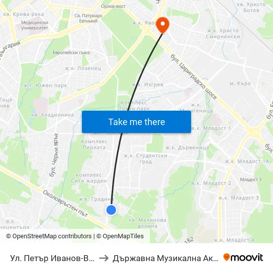 Ул. Петър Иванов-Вертер / Petar Ivanov-Verter St. to Държавна Музикална Академия - Инструментален Факултет map