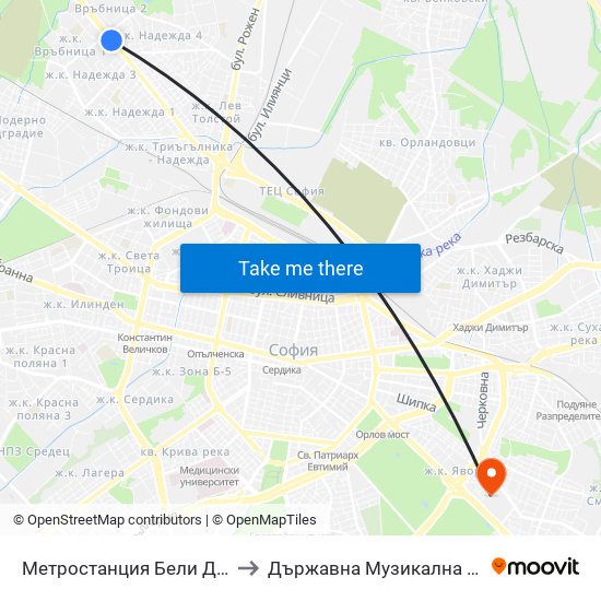 Метростанция Бели Дунав / Beli Dunav Metro Station (6707) to Държавна Музикална Академия - Инструментален Факултет map