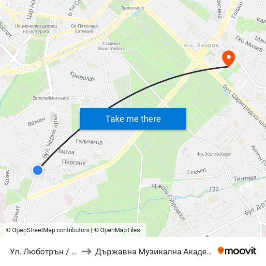 Ул. Люботрън / Lyubotran St. (2038) to Държавна Музикална Академия - Инструментален Факултет map