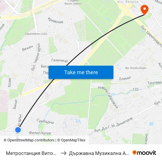 Ⓜ️ Метростанция Витоша / Vitosha Metro Station (2780) to Държавна Музикална Академия - Инструментален Факултет map