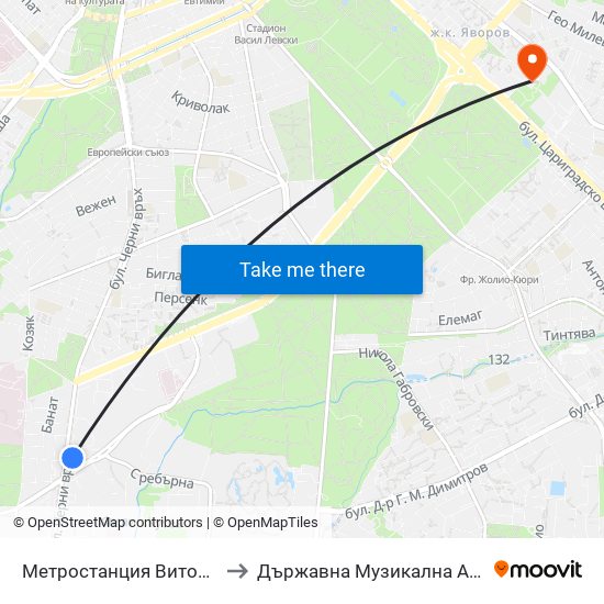 Метростанция Витоша / Vitosha Metro Station (0910) to Държавна Музикална Академия - Инструментален Факултет map