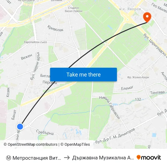 Ⓜ️ Метростанция Витоша / Vitosha Metro Station (0910) to Държавна Музикална Академия - Инструментален Факултет map