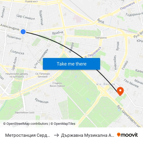 Метростанция Сердика / Serdika Metro Station (6454) to Държавна Музикална Академия - Инструментален Факултет map
