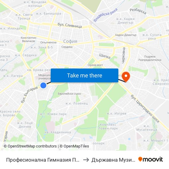 Професионална Гимназия По Дизайн Елисавета Вазова / Elisaveta Vazova High School Of Design (1738) to Държавна Музикална Академия - Инструментален Факултет map