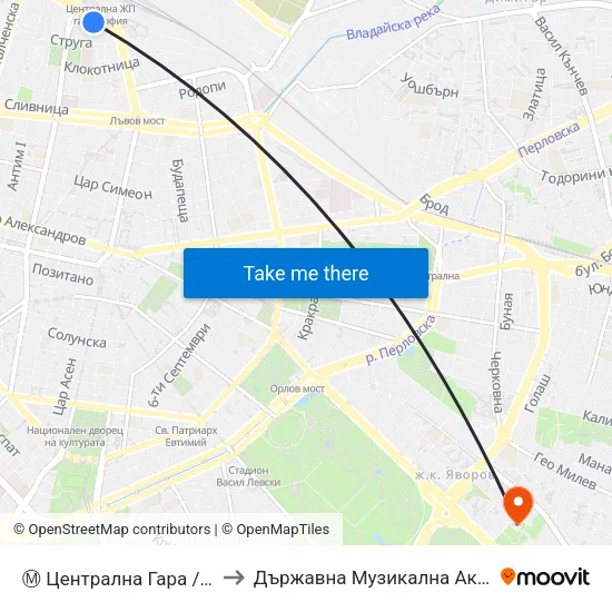 Ⓜ️ Централна Гара / Central Railway Station (1333) to Държавна Музикална Академия - Инструментален Факултет map