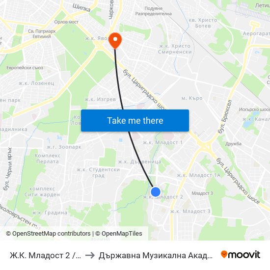 Ж.К. Младост 2 / Mladost 2 Qr. (0664) to Държавна Музикална Академия - Инструментален Факултет map