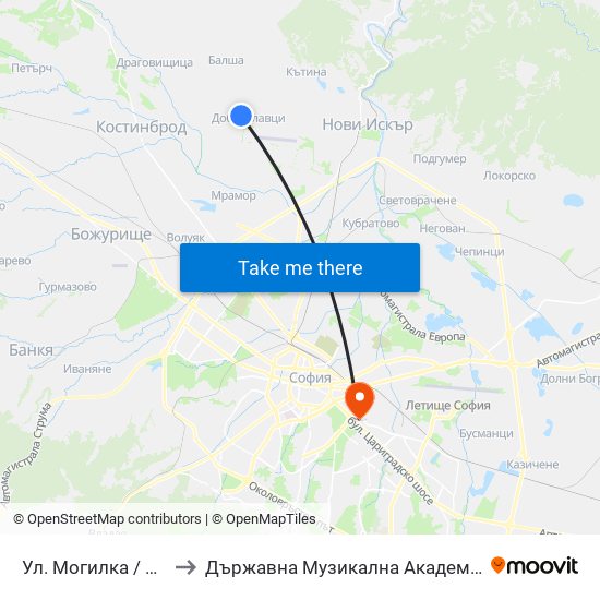 Ул. Могилка / Mogilka St. (2612) to Държавна Музикална Академия - Инструментален Факултет map