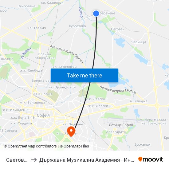 Световрачене to Държавна Музикална Академия - Инструментален Факултет map