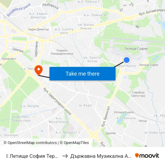 ✈️ Летище София Терминал 1 / Sofia Airport Terminal 1 to Държавна Музикална Академия - Инструментален Факултет map
