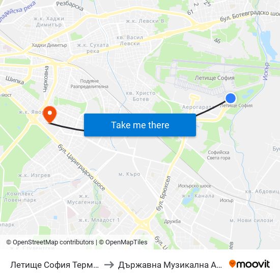 Летище София Терминал 2 / Sofia Airport Terminal 2 to Държавна Музикална Академия - Инструментален Факултет map