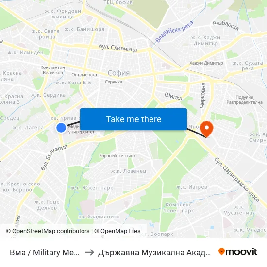 Вма / Military Medical Academy (0418) to Държавна Музикална Академия - Инструментален Факултет map