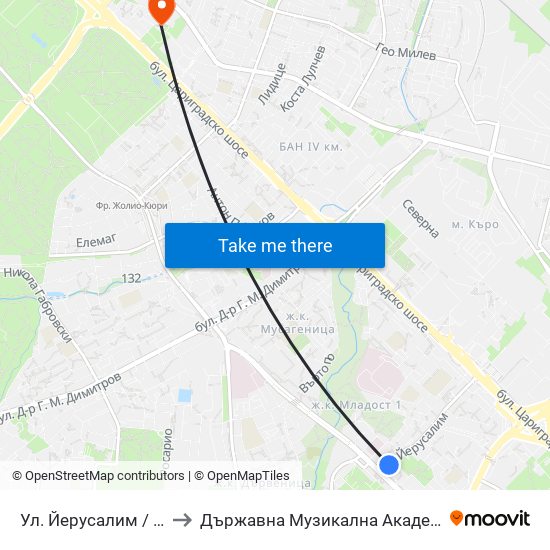 Ул. Йерусалим / Jerusalem St. (0447) to Държавна Музикална Академия - Инструментален Факултет map