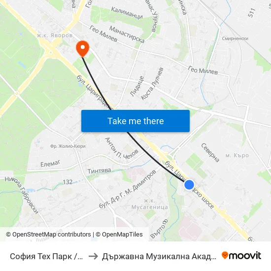 София Тех Парк / Sofia Tech Park (0576) to Държавна Музикална Академия - Инструментален Факултет map
