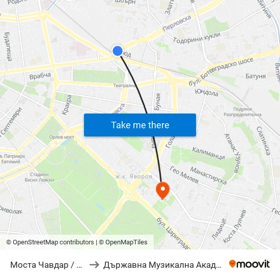 Моста Чавдар / Chavdar Bridge (1103) to Държавна Музикална Академия - Инструментален Факултет map