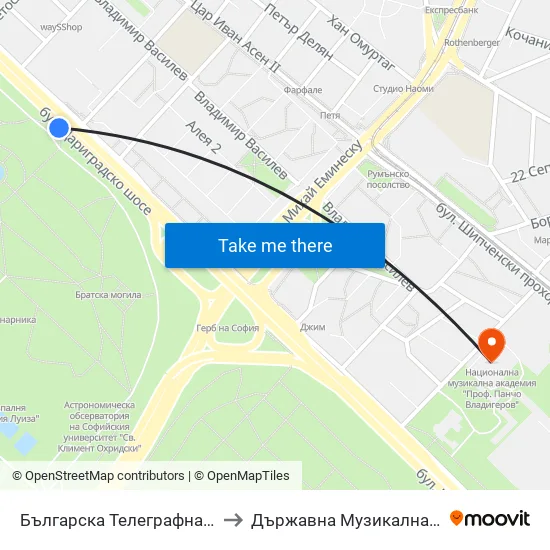 Българска Телеграфна Агенция / Bulgarian News Agency (1394) to Държавна Музикална Академия - Инструментален Факултет map