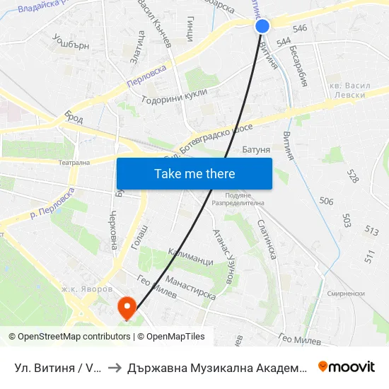 Ул. Витиня / Vitinya St. (1753) to Държавна Музикална Академия - Инструментален Факултет map