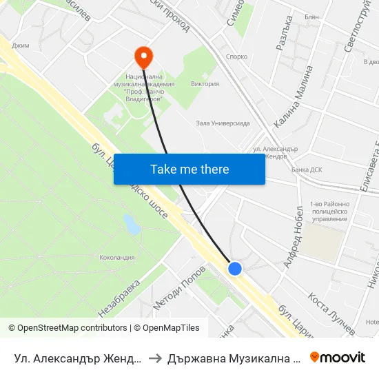 Ул. Александър Жендов / Aleksandar Zhendov Blvd. (1819) to Държавна Музикална Академия - Инструментален Факултет map