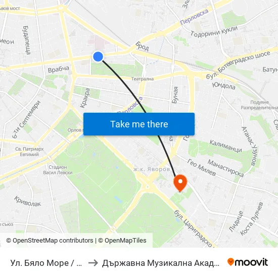 Ул. Бяло Море / Byalo More St. (1858) to Държавна Музикална Академия - Инструментален Факултет map