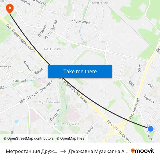 Ⓜ️ Метростанция Дружба / Druzhba Metro Station (2740) to Държавна Музикална Академия - Инструментален Факултет map